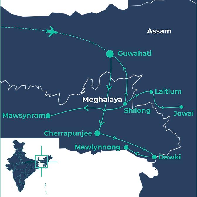 Carte de l’itinéraire de la retraite entre l’Assam et le Meghalaya